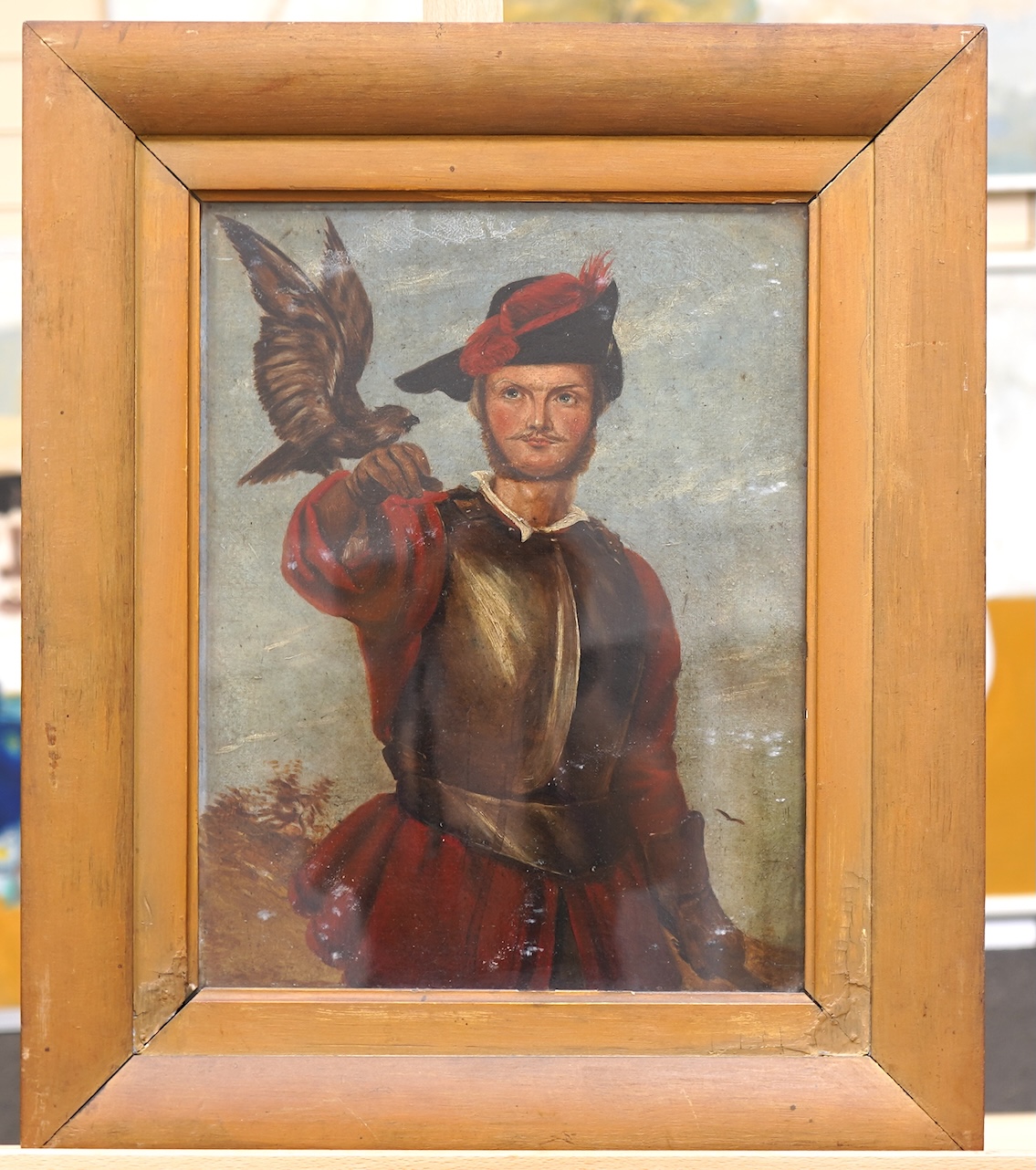English School, 18th/19th century, Major William Hamilton, Black Watch, as a Falconer in armour, oil on canvas, 38cm x 30cm